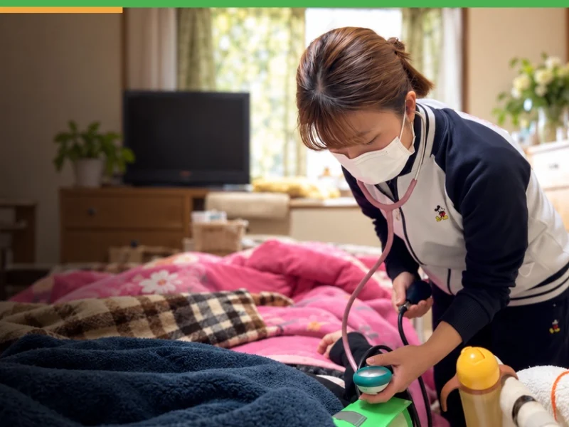 利用者さまのご自宅で血圧を測る、みよみよ看護の訪問看護師