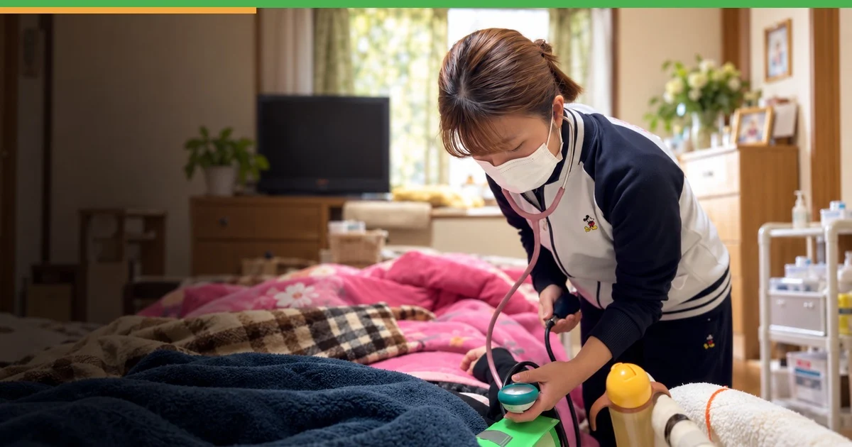 利用者さまのご自宅で血圧を測る、みよみよ看護の訪問看護師